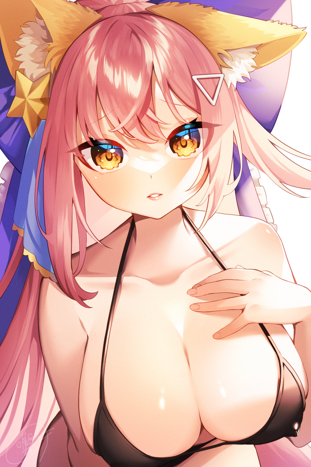 1girl animal_ear_fluff animal_ears bare_shoulders bikini black_bikini breasts cleavage collarbone commission covered_erect_nipples fate/grand_order fate_(series) fox_ears fox_girl hair_ornament hand_on_own_chest highres long_hair orange_eyes parted_lips pink_hair signature skeb_commission solo star_(symbol) star_hair_ornament swimsuit tamamo_(fate) tamamo_no_mae_(fate) tamamo_no_mae_(swimsuit_lancer)_(fate) tika_yuduki triangle_hair_ornament upper_body virtual_youtuber