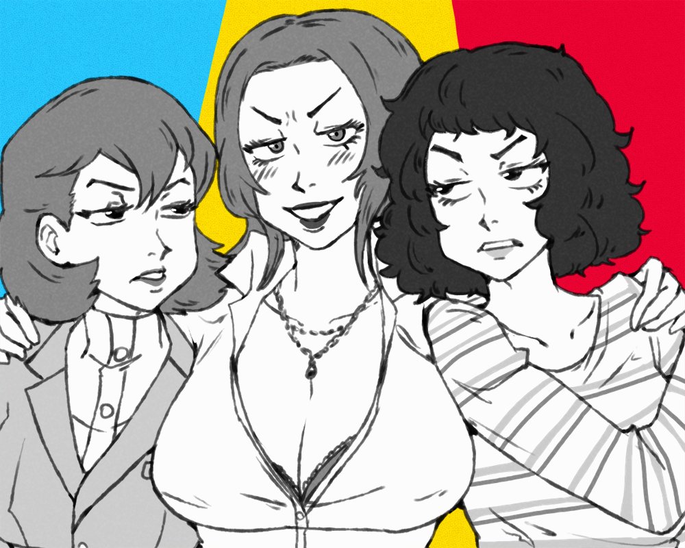 2023 3girls annoyed atlus blue_theme blush bob_cut breasts chief_(91m10) cleavage collarbone commentary english_commentary female_focus formal_clothes grin hair_between_eyes hands_on_another&#039;s_shoulders in-franchise_crossover kashiwagi_noriko kawakami_sadayo large_breasts lipstick long_sleeves looking_at_another looking_at_viewer makeup mature_female messy_hair monochrome multiple_girls necktie open_clothes parted_bangs persona persona_3 persona_4 persona_5 red_theme shirt short_hair smile spot_color striped_clothes striped_shirt suit teacher toriumi_isako trait_connection turtleneck upper_body v-shaped_eyebrows yellow_theme
