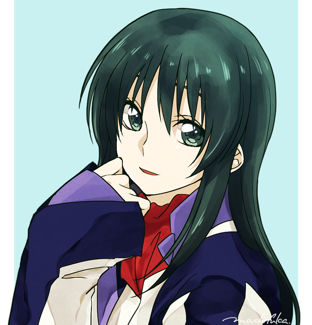 10s 1girl black_hair female_focus grey_eyes long_hair long_sleeves looking_at_viewer machi_fuka minashiro_tsubaki portrait signature smile solo soukyuu_no_fafner uniform