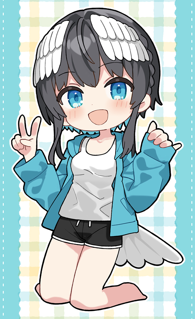 1girl :d \m/ barefoot bird_tail black_hair black_shorts blue_eyes blue_hair blue_jacket blush chibi collarbone commentary_request dotted_line drawstring feathered_wings full_body head_wings indie_virtual_youtuber jacket kneeling knees_together_feet_apart kurata_rine kurata_rine_(vtuber) long_sleeves multicolored_hair open_clothes open_jacket open_mouth pinching_sleeves plaid_background puffy_long_sleeves puffy_sleeves short_shorts shorts sleeves_past_wrists smile solo tail tank_top two-tone_hair v virtual_youtuber white_tank_top white_wings wings
