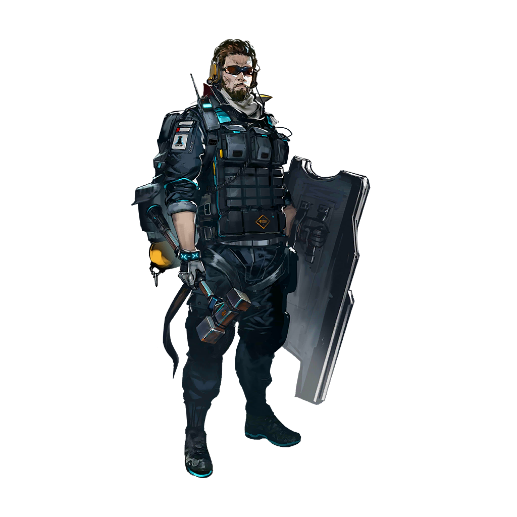 1boy ace_(arknights) arknights bad_link ballistic_shield beard black_gloves black_jacket black_pants brown_hair bulletproof_vest closed_mouth facial_hair full_body gloves hammer headset holding holding_hammer holding_shield holding_weapon infection_monitor_(arknights) jacket looking_at_viewer male_focus mustache official_art pants pouch rhodes_island_logo_(arknights) shield short_hair simple_background sledgehammer sleeves_pushed_up solo standing sunglasses transparent_background weapon yui_(niikyouzou)