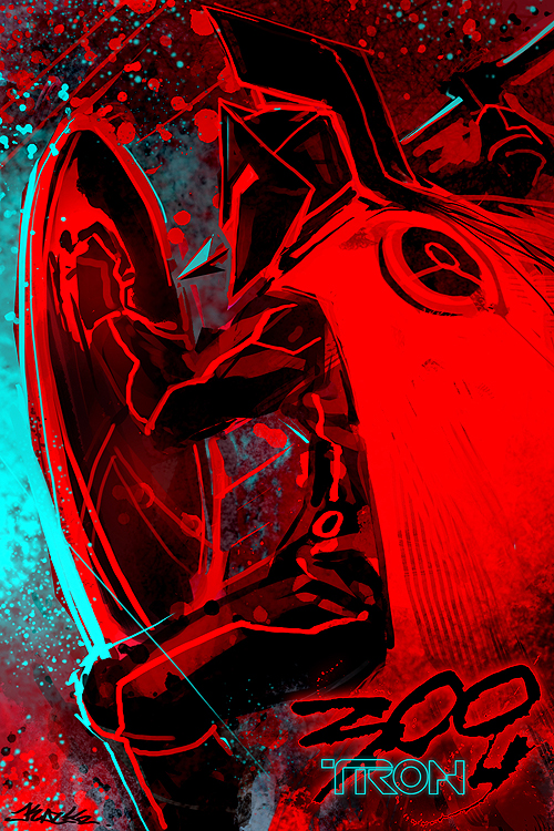 1boy 300_(movie) cape copyright_name crossover helmet kazeco leonidas male_focus neon_trim polearm red_background red_theme shield solo spear tron tron:_legacy weapon