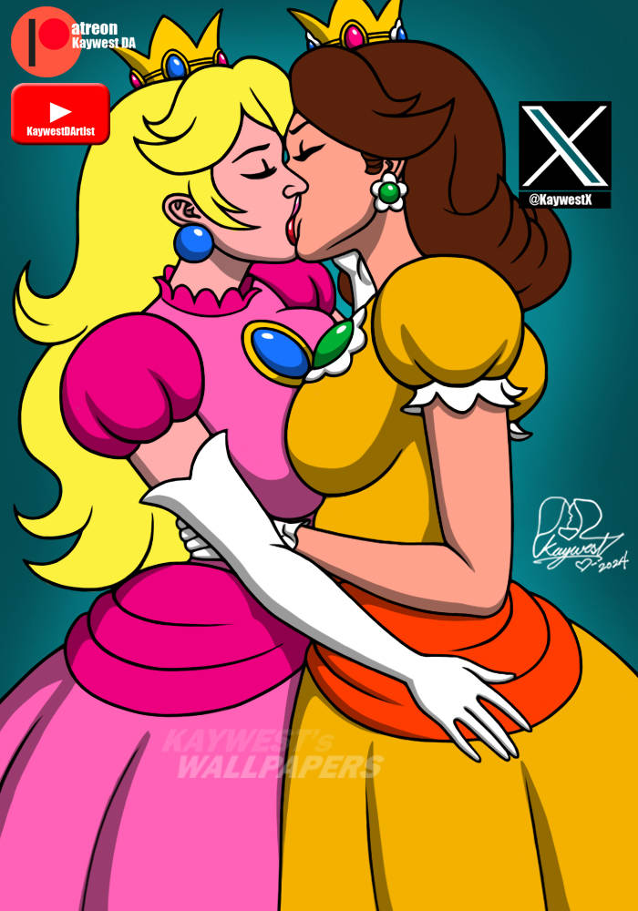 2girls artist_name blonde_hair breasts brown_hair crown dress earrings flipped_hair flower_earrings gloves hug jewelry kiss long_hair mario_(series) multiple_girls nintendo orange_dress pink_dress princess_daisy princess_peach super_mario_bros._1 super_mario_land yuri