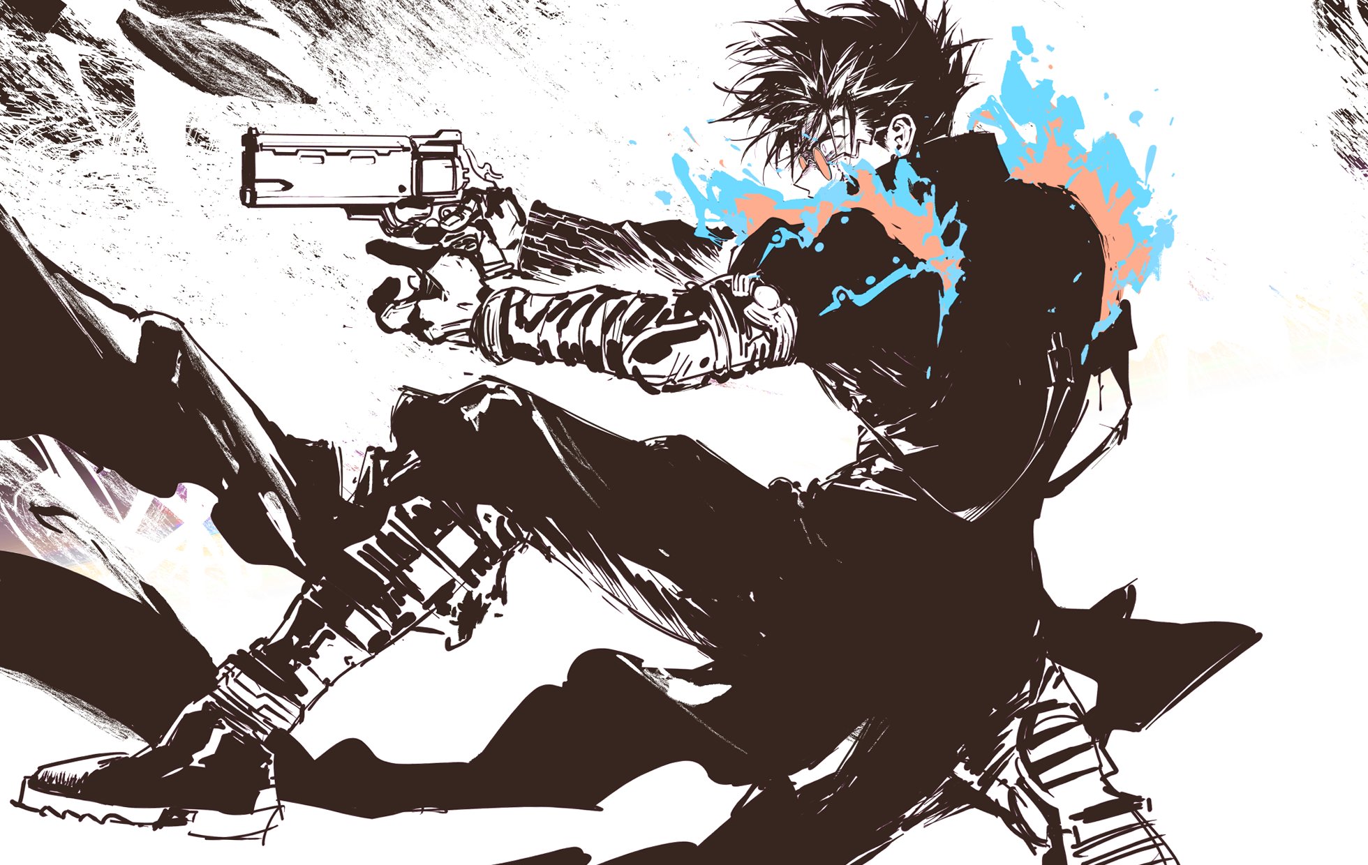 1boy agl_arms_.45_long_colt boots break-action_revolver coat earrings full_body glasses greyscale gun handgun highres holding holding_gun holding_weapon jewelry long_coat long_sleeves low_bore_axis_revolver male_focus monochrome on_one_knee pants profile revolver round_eyewear sakanaokashi short_hair single_earring solo spot_color trigun vash_the_stampede weapon
