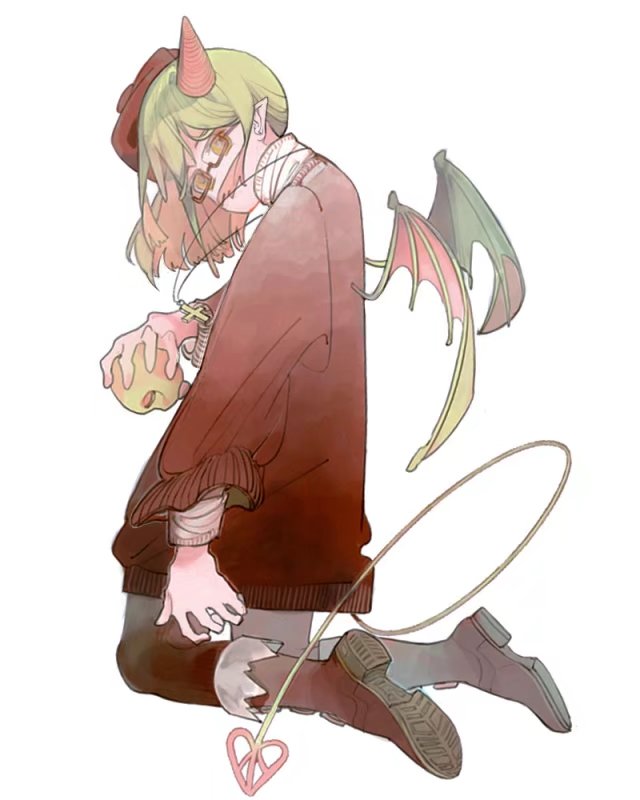 1girl demon_girl demon_horns funamusea glasses haiiro_teien horns meteplatin pointy_ears red_sweater short_hair solo sweater yosafire_(funamusea)