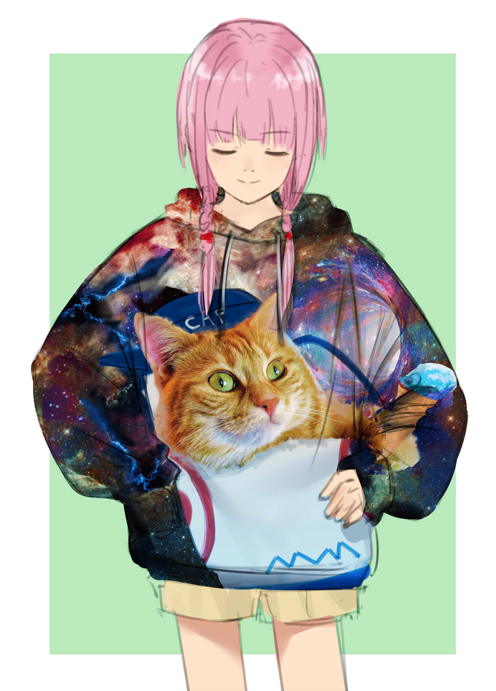 1girl border brown_shorts cat closed_eyes closed_mouth commentary_request cowboy_shot facing_viewer green_background hair_over_shoulder hand_in_pocket hand_on_own_hip highres hood hood_down hoodie isshiki_(ffmania7) kaf_(kamitsubaki_studio) kamitsubaki_studio long_hair long_sleeves low_twintails meme outside_border photo_inset pink_hair print_hoodie pun short_shorts shorts simple_background smile solo space_cat_(meme) standing twintails unmoving_pattern virtual_youtuber white_border