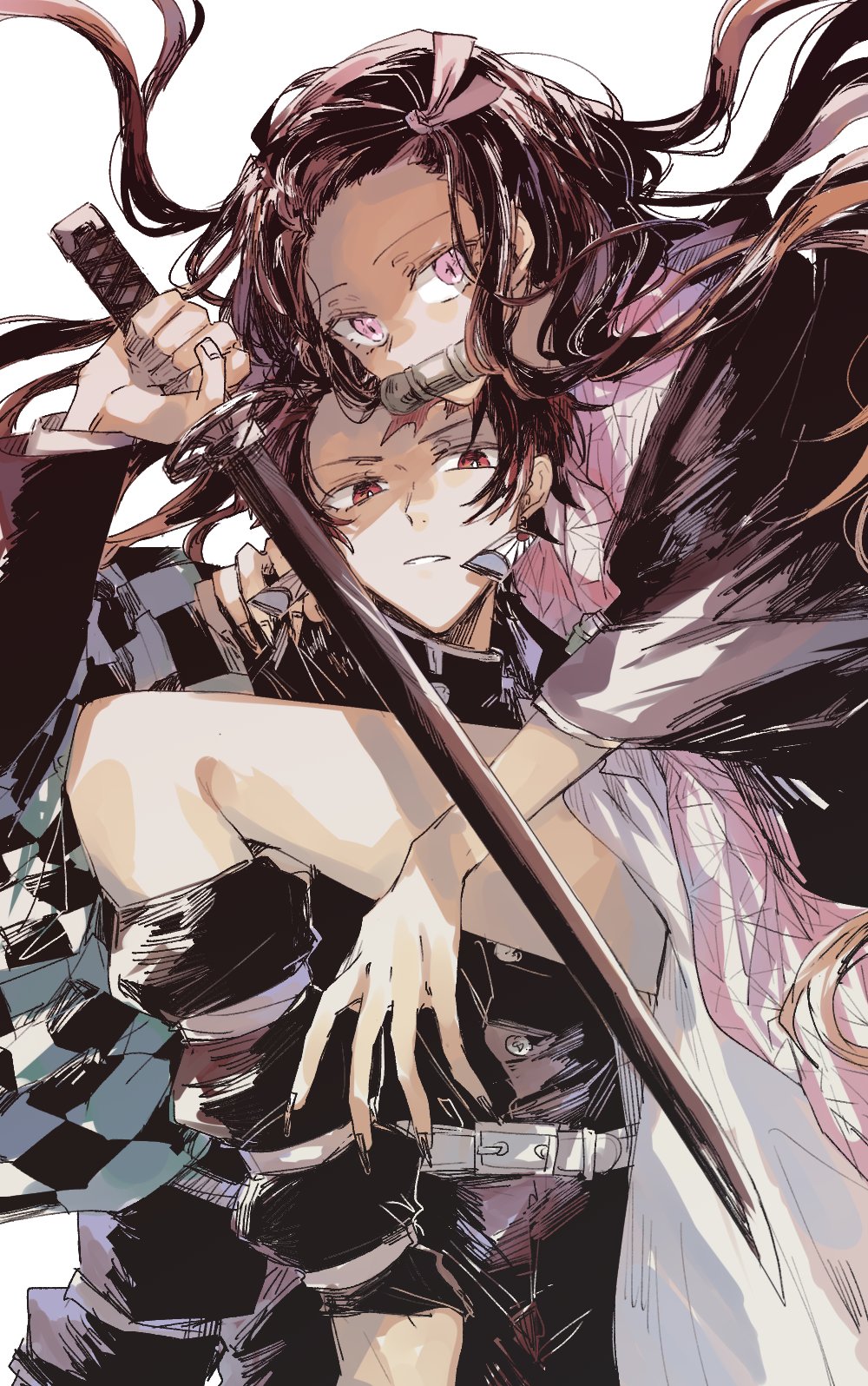 1boy 1girl arm_around_shoulder bare_legs brother_and_sister hair_ribbon highres holding holding_sword holding_weapon japanese_clothes kamado_nezuko kamado_tanjirou kimetsu_no_yaiba kimono lilicho long_hair pink_eyes red_eyes ribbon short_hair siblings sword weapon white_background