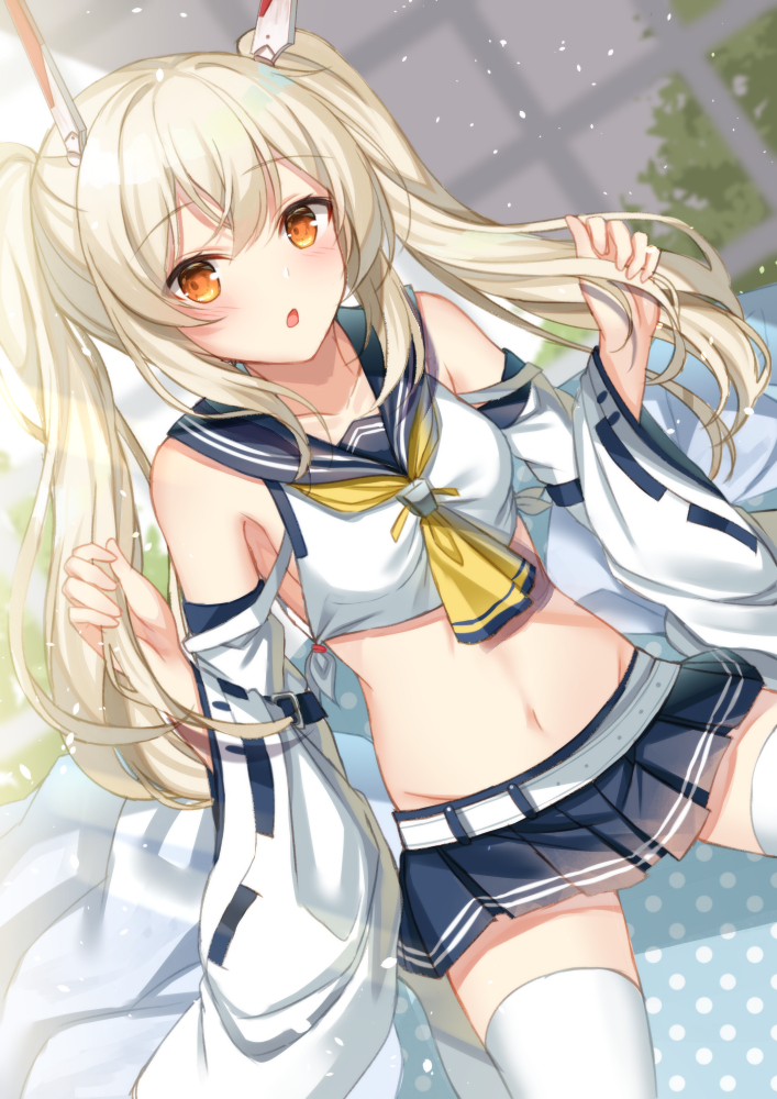 1girl alternate_hairstyle armpit_peek ascot ayanami_(azur_lane) ayanami_(retrofit)_(azur_lane) azur_lane bed bed_sheet belt blue_skirt blurry choker collarbone commentary_request depth_of_field detached_sleeves hair_ornament hairclip headgear long_hair looking_at_viewer midriff navel orange_eyes parted_lips pleated_skirt ponytail retrofit_(azur_lane) school_uniform serafuku sidelocks silver_hair sitting skirt solo sugisaki_yuu thighhighs twintails white_thighhighs wide_sleeves zettai_ryouiki