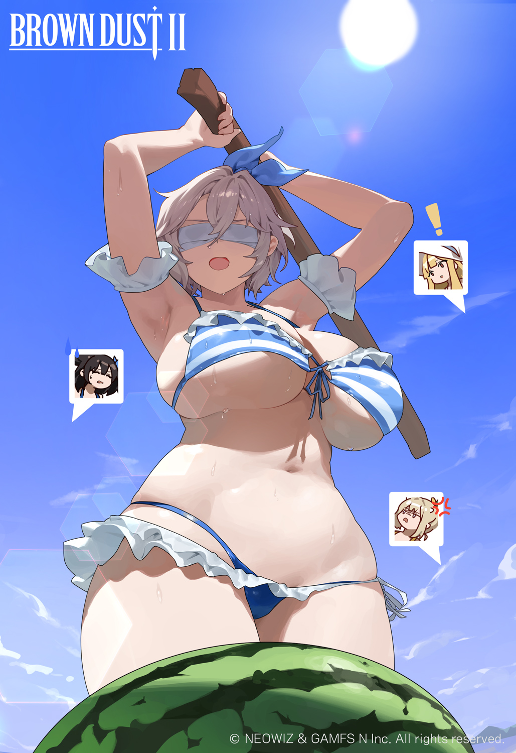 1girl angelica_(brown_dust) anger_vein armband armpits arms_up bikini blue_bikini blue_ribbon breasts brown_dust_(series) brown_dust_2 chibi chibi_inset cleavage club_(weapon) copyright_name food frilled_armband frilled_bikini frills from_below fruit grey_hair hair_between_eyes hair_ribbon highres holding holding_club holding_weapon huge_breasts justia_(brown_dust) justia_(pool_party)_(brown_dust) lens_flare navel official_art open_mouth ribbon scheherazade_(brown_dust) scheherazade_(pool_party)_(brown_dust) second-party_source short_hair solo speech_bubble star741 stomach striped_bikini striped_clothes suikawari sun sweatdrop swimsuit teresse_(beachside_angel)_(brown_dust) teresse_(brown_dust) underboob watermelon weapon wet white_blindfold