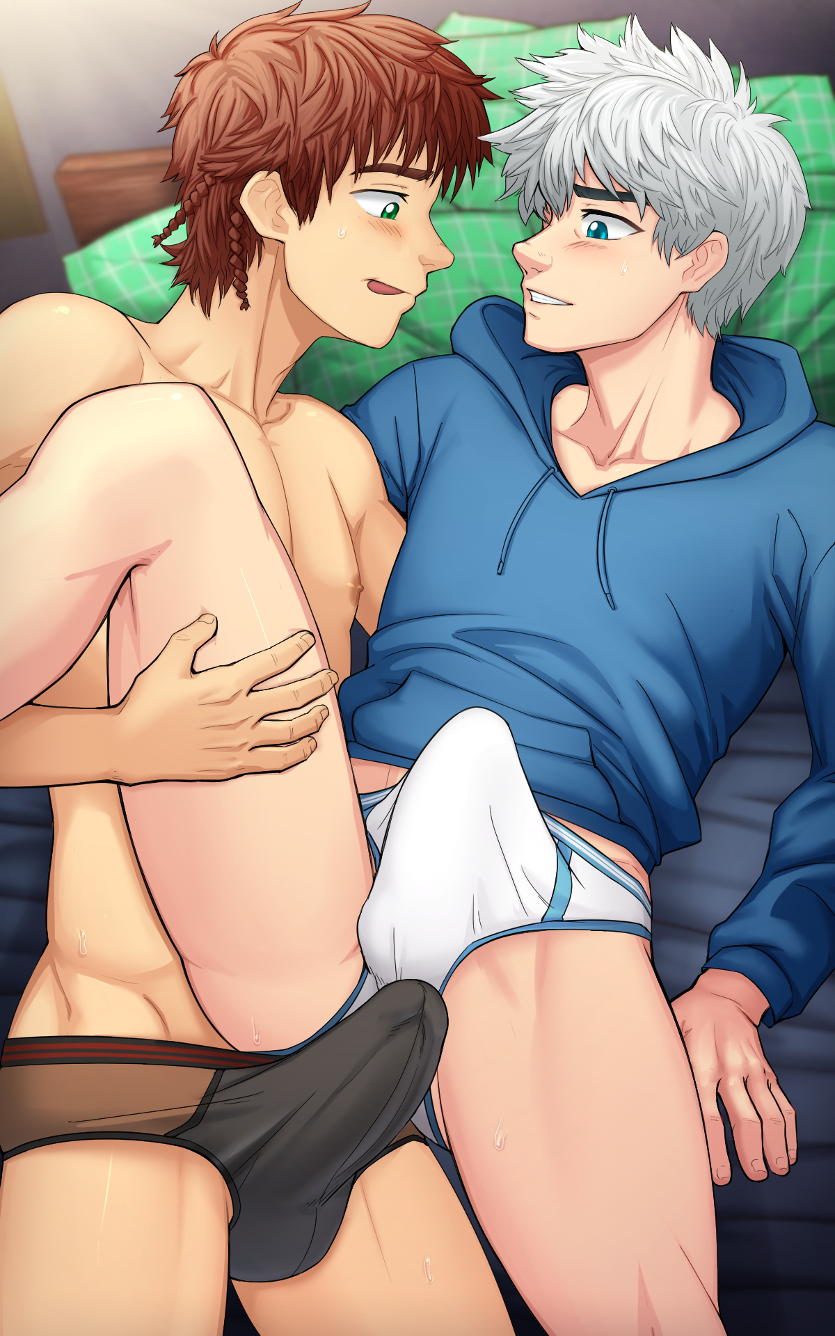 2boys bed bedroom blue_eyes briefs brown_hair bulge crotch erection erection_under_clothes green_eyes hiccup_horrendous_haddock_iii highres how_to_train_your_dragon_(series) how_to_train_your_dragon_1 jack_frost_(rise_of_the_guardians) leg_lift lying male_focus male_underwear multiple_boys pillow rise_of_the_guardians silver_hair spread_legs suiton underwear white_male_underwear yaoi