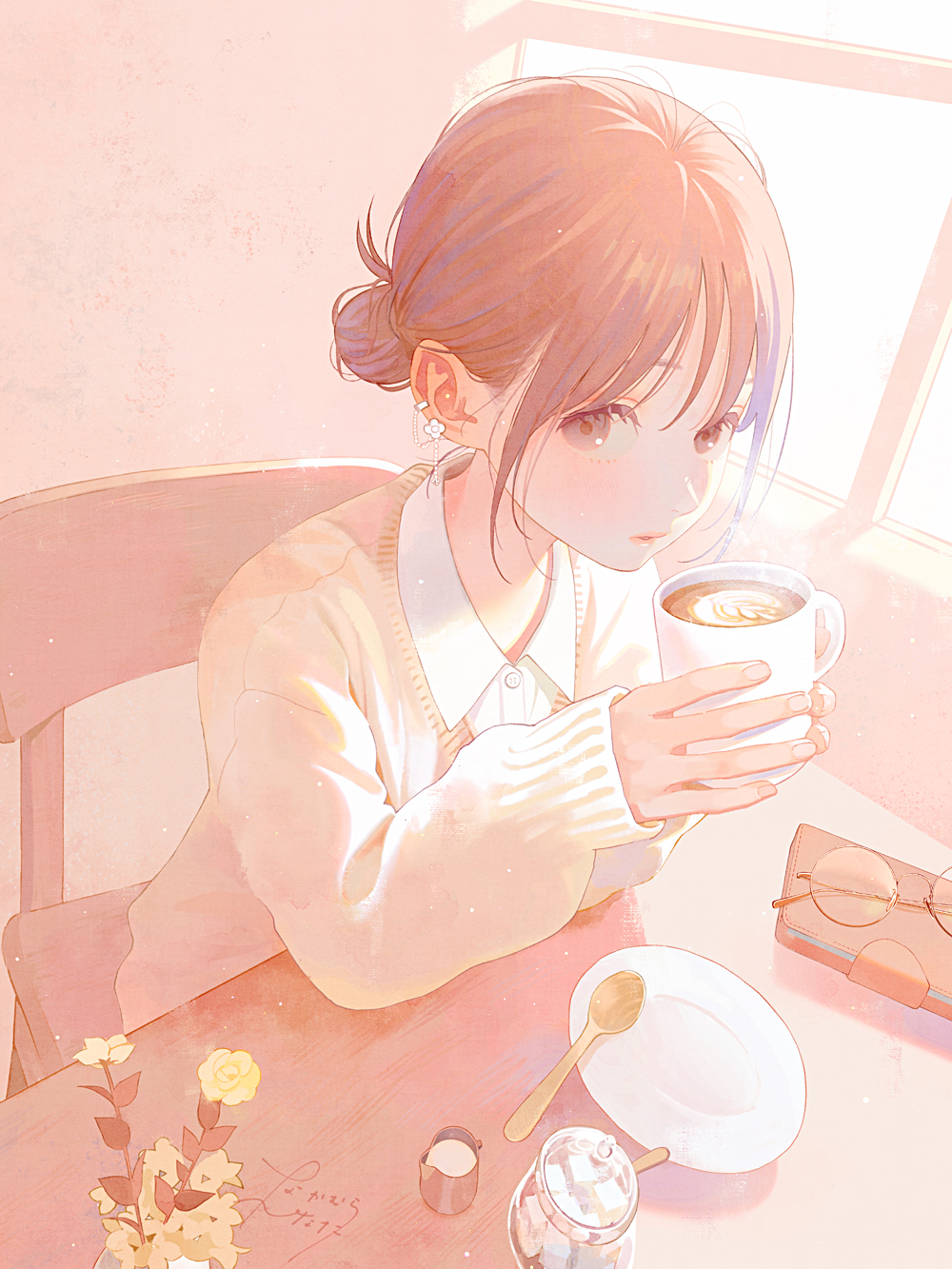 1girl brown_eyes brown_hair cafe cardigan chair coffee collared_shirt cup ear_piercing earrings elbows_on_table flower glasses hair_bun highres holding holding_cup indoors jewelry latte_art long_sleeves looking_at_viewer mug nakamura_hinata on_chair original piercing plate restaurant saucer shirt signature single_hair_bun sitting sleeves_past_wrists solo spoon steam sunlight sweater table teacup unworn_eyewear white_shirt window yellow_flower