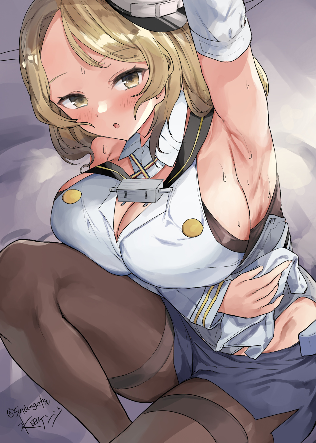 1girl armpits arms_up blonde_hair blush breasts brown_eyes cleaning garrison_cap hat highres houston_(kancolle) indoors kantai_collection large_breasts light_brown_hair long_hair long_sleeves looking_at_viewer military military_uniform mizuta_kenji naval_uniform pantyhose peaked_cap pencil_skirt range_finder short_hair sitting skirt smile solo tight_top towel white_hat