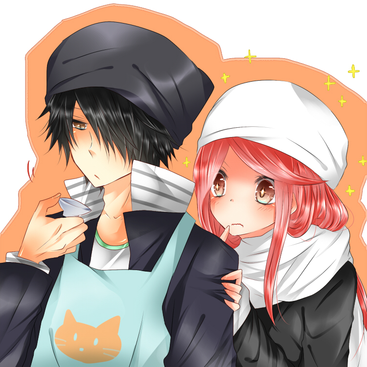 10s 1boy 1girl bad_id bad_pixiv_id ban_airi black_hair devil_survivor_(series) devil_survivor_2 enpera hat jacket kasame_(kasagumo) red_hair scarf short_hair skirt torii_jungo