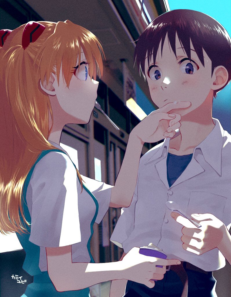 1boy 1girl blue_eyes blue_shirt blush breasts closed_mouth holding holding_spoon ikari_shinji medium_breasts neon_genesis_evangelion orange_hair school_uniform shirt souryuu_asuka_langley spoon tokyo-3_middle_school_uniform yogurt yubi_kamii