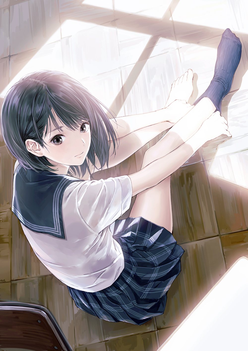 1girl bare_legs barefoot black_hair blue_reflection_(series) blue_reflection_maboroshi_ni_mau_shoujo_no_ken feet from_above highres hoshinomiya_girls&#039;_high_school_uniform kishida_mel knees_up looking_at_viewer looking_up no_shoes official_art plaid_clothes plaid_skirt pleated_skirt sailor_collar school_uniform serafuku shirai_hinako short_hair short_sleeves sitting skirt socks solo summer_uniform toes