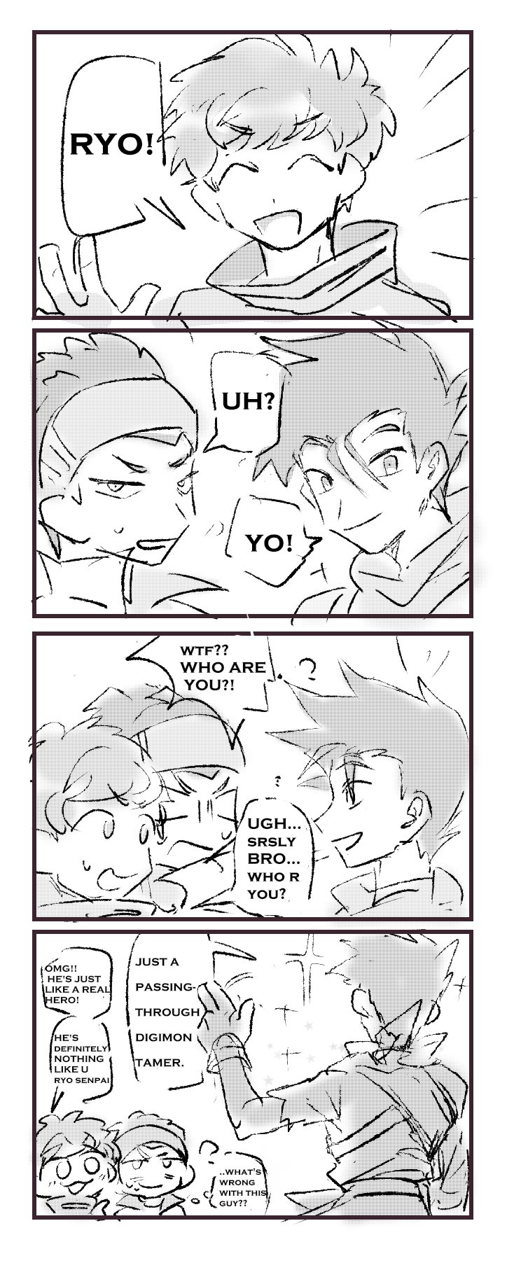 3boys akiyama_ryo bandana blush digimon digimon_adventure digimon_survive digimon_tamers highres hinata_minoru looking_at_another multiple_boys name_connection open_mouth tominaga_ryo