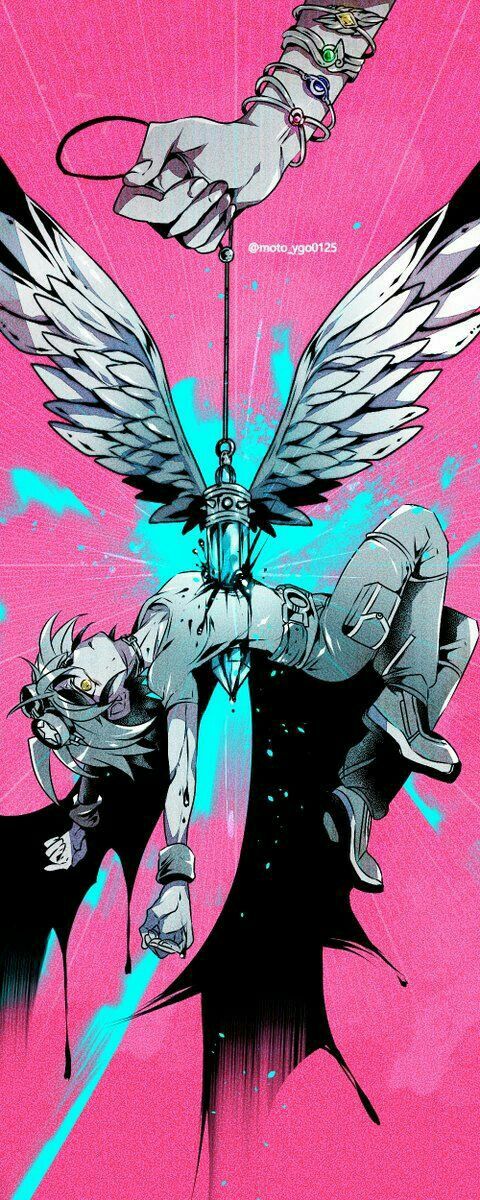 1boy artist_request black_footwear black_wings bleeding blood blood_on_clothes blue_gemstone bracelet cargo_pants clenched_hand facing_to_the_side gem goggles goggles_on_head green_gemstone highres holding holding_jewelry holding_necklace holding_pendant impaled injury jewelry knees_up looking_at_viewer looking_up male_focus necklace outstretched_arms paint_splatter pants partially_colored pendant pink_background pink_gemstone sakaki_yuya shadow shirt short_hair studded_bracelet wings wrist_cuffs yellow_eyes yellow_gemstone yu-gi-oh! yu-gi-oh!_arc-v