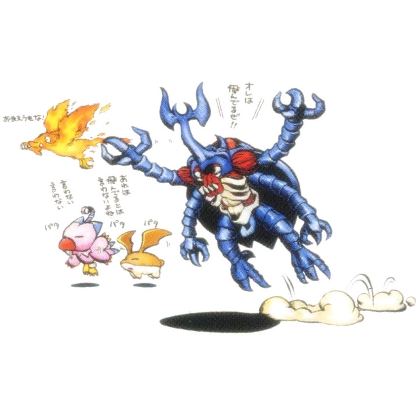 atlurkabuterimon atlurkabuterimon_(blue) birdramon bug digimon digimon_(creature) exoskeleton horns patamon piyomon rhinoceros_beetle sharp_teeth simple_background teeth translation_request white_background