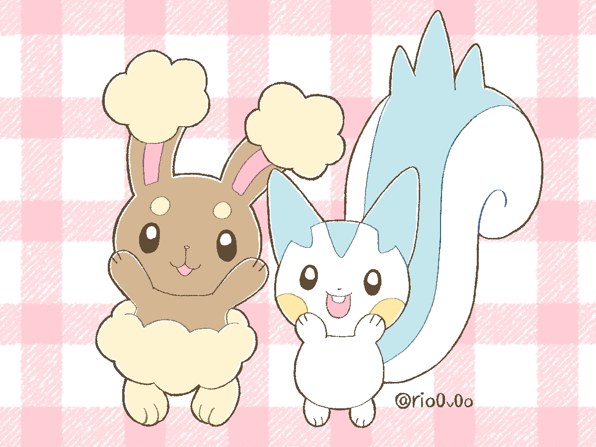 animal_focus arm_up black_eyes bright_pupils buck_teeth buneary commentary_request full_body gen_4_pokemon looking_at_viewer nintendo no_humans open_mouth pachirisu pokemon pokemon_(creature) rio_(rio0v0o) teeth twitter_username white_pupils