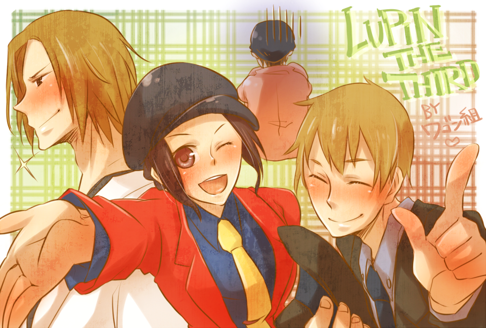 1girl 3boys arsene_lupin_iii arsene_lupin_iii_(cosplay) bad_id bad_pixiv_id blonde_hair blue_necktie brown_eyes brown_hair closed_eyes cosplay durarara!! hat ishikawa_goemon_xiii ishikawa_goemon_xiii_(cosplay) jacket jigen_daisuke jigen_daisuke_(cosplay) kadota_kyouhei karisawa_erika lupin_iii multiple_boys necktie one_eye_closed red_jacket rim2 togusa_saburou togusa_subarou wink yellow_necktie yumasaki_walker