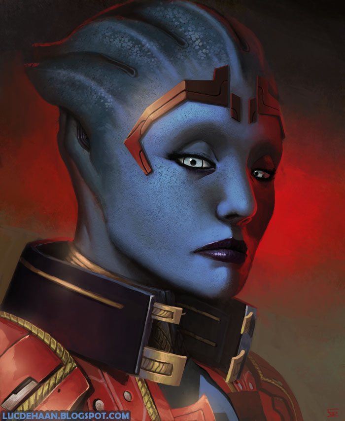 1girl alien artist_name asari_(mass_effect) blue_eyes blue_skin colored_skin luc_de_haan mass_effect_(series) portrait samara_(mass_effect) solo watermark web_address