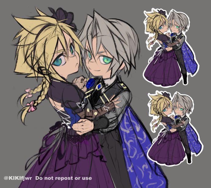 2boys aqua_eyes black_dress black_hairband black_pants blonde_hair blue_cape blue_corset boots bow braid cape chibi cloud_strife cloud_strife_(blue_dress) corset crossdressing dress final_fantasy final_fantasy_vii final_fantasy_vii_ever_crisis final_fantasy_vii_remake grey_background grey_hair grey_jacket hair_between_eyes hair_bow hairband jacket kiki_lala long_dress long_hair male_focus multiple_boys official_alternate_costume pants pink_bow puffy_short_sleeves puffy_sleeves sephiroth sephiroth_(dark_attire) sephiroth_(ever_crisis) short_hair short_sleeves sketch smile spiked_hair twin_braids twitter_username yaoi