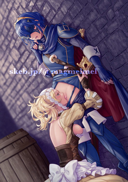 2girls aunt_and_niece blonde_hair blue_boots blue_cape blue_gloves blue_hair blue_pants blue_tunic boots breasts brown_corset cape clothes_pull commission corset cunnilingus falchion_(fire_emblem) fire_emblem fire_emblem_awakening gloves incest kinoeneko kneeling lissa_(fire_emblem) lucina_(fire_emblem) mask medium_breasts multiple_girls nintendo nipples oral panties pants pants_pull panty_pull short_hair skeb_commission sword thigh_boots tiara tunic twintails underwear watermark weapon yuri