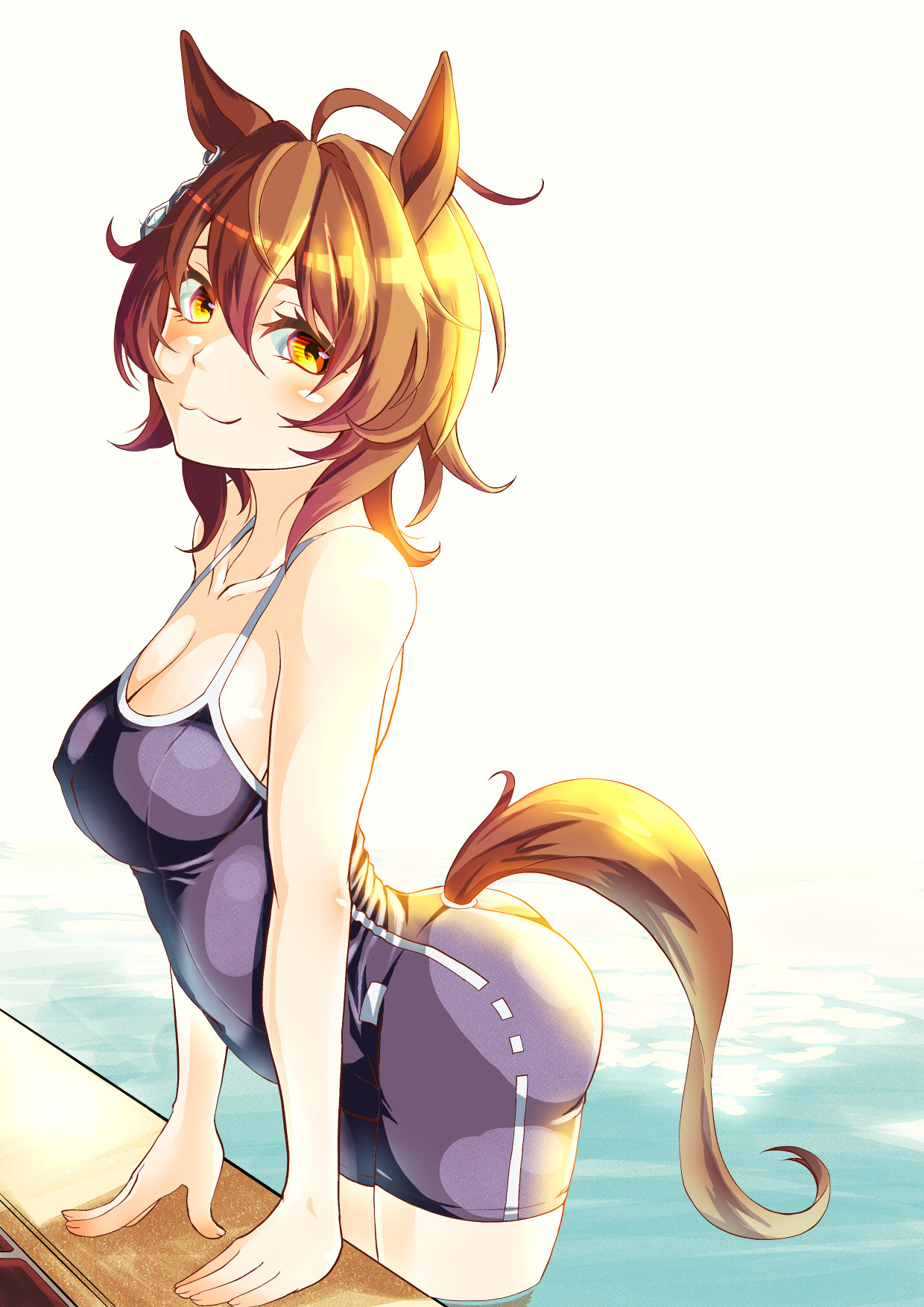 1girl agnes_tachyon_(umamusume) ahoge animal_ears ass breasts brown_hair chemical_structure cleavage closed_mouth collarbone earrings hair_between_eyes highres horse_ears horse_girl horse_tail huge_ahoge jewelry large_breasts medium_hair natuumi_(jmwy5354) one-piece_swimsuit pool purple_one-piece_swimsuit school_swimsuit single_earring smile solo swimsuit tail tile_floor tiles umamusume wading water yellow_eyes