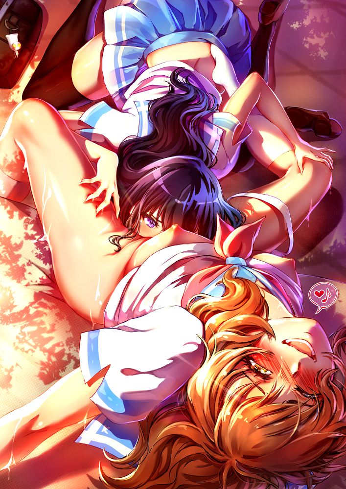 2girls :d black_hair black_thighhighs blue_skirt blush bottomless breasts brown_footwear brown_hair cherry_in_the_sun clothes_lift cunnilingus hand_on_another&#039;s_knee head_tilt heart hibike!_euphonium kitauji_high_school_uniform kneehighs kousaka_reina loafers long_hair medium_breasts miniskirt multiple_girls neckerchief nipples open_mouth oral oumae_kumiko pink_neckerchief pleated_skirt purple_eyes sailor_collar sailor_shirt school_uniform shirt shirt_lift shoes short_sleeves skirt smile socks speech_bubble spoken_heart spread_legs straight_hair thighhighs very_long_hair white_shirt white_socks yuri zettai_ryouiki