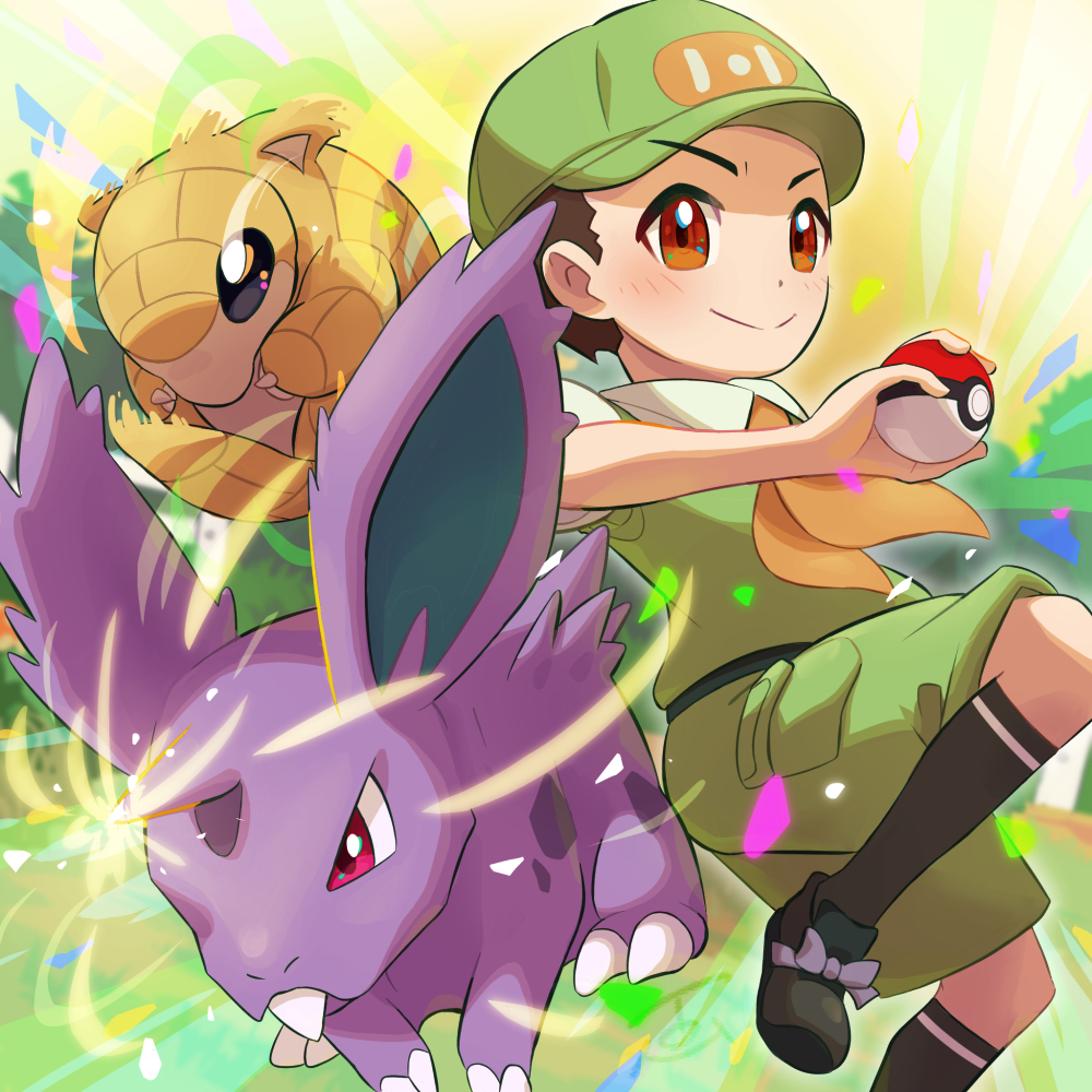 1boy blush brown_eyes brown_hair camper_(pokemon) closed_mouth commentary_request gen_1_pokemon green_footwear green_headwear green_shorts grey_legwear hat holding holding_poke_ball male_focus nidoran nidoran_(male) nintendo orange_neckwear poke_ball poke_ball_(basic) pokemon pokemon_(creature) pokemon_lgpe sandshrew shoes short_sleeves shorts smile socks tom_(pixiv10026189)