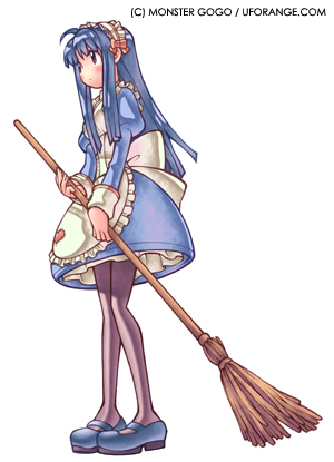 1girl 2000s_(style) ahoge alice_(ragnarok_online) apron back_bow bad_id black_eyes blue_dress blue_hair blue_shoes blunt_bangs bow broom brown_pantyhose closed_mouth commentary_request copyright_notice dress expressionless frilled_apron frills full_body hime_cut holding holding_broom juliet_sleeves korean_commentary long_hair long_sleeves looking_afar lowres maid maid_headdress mary_janes monster_gogo official_art pantyhose puffy_sleeves ragnarok_online shoes sidelocks simple_background solo white_apron white_background white_bow