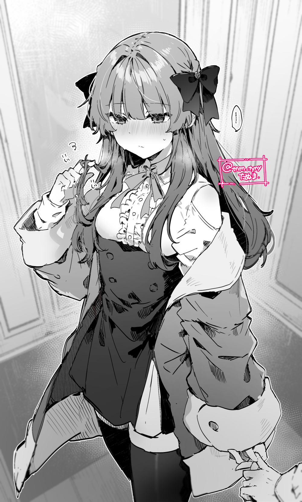 ... 1girl 3: anna_(ikeuchi_tanuma) blush bow center_frills frills greyscale hair_bow highres holding_hands ikeuchi_tanuma jacket long_hair monochrome off_shoulder open_clothes open_jacket original playing_with_own_hair pov pov_hands signature small_sweatdrop solo_focus sound_effects spoken_ellipsis spot_color squiggle thighhighs twirling_hair twitter_username underbust zettai_ryouiki