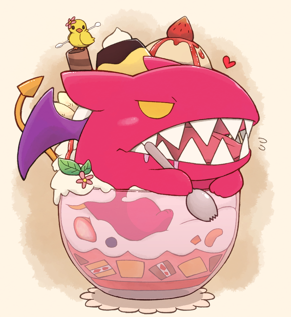 animal_focus bird chick cinnamon_stick food fruit full_body heart holding holding_spork mother_(series) mother_3 nintendo no_humans open_mouth parfait pudding sharp_teeth solid_oval_eyes spork strawberry teeth ultimate_chimera waniharu yellow_eyes