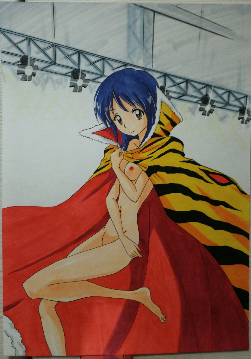 1girl animal_print ashigaki_radar barefoot black_hair brown_eyes cape collarbone covering_breasts covering_privates highres leg_up long_hair looking_at_viewer naked_cape navel nipples orange_cape print_cape smile stage_lights standing striped_cape takaoka_haruna tiger_mask_(series) tiger_mask_w tiger_print