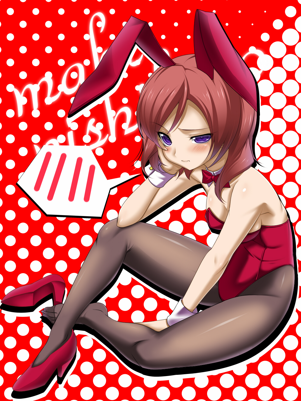 10s 1girl animal_ears blush bow bowtie detached_collar fake_animal_ears feet female_focus halftone halftone_background head_rest highres leotard love_live! love_live!_school_idol_project nishikino_maki pantyhose playboy_bunny purple_eyes rabbit_ears red_hair shoes short_hair single_shoe sitting solo spoken_blush toron_(mino106) uneven_eyes wrist_cuffs