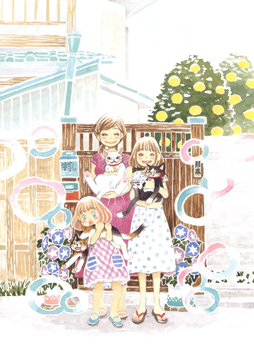 3girls animal bell blue_eyes blue_flower blue_footwear blush_stickers bob_cut brown_hair bush cat child closed_mouth dot_nose dress facing_viewer fence flower full_body grass happy highres holding holding_animal holding_cat house industrial_pipe kawamoto_akari kawamoto_hinata kawamoto_momo leaf lineup long_dress mailbox_(incoming_mail) mary_janes morning_glory multiple_girls open_mouth outdoors plaid_clothes plaid_dress plant polka_dot polka_dot_dress potted_plant purple_dress purple_flower railing rooftop sandals sangatsu_no_lion shoes short_dress siblings side_ponytail sisters smile standing umino_chika wooden_fence