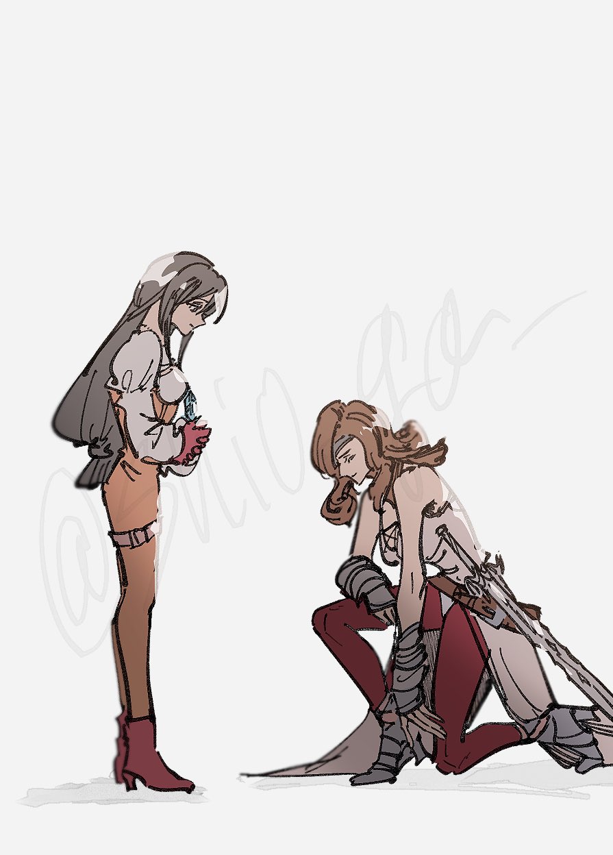 2girls bare_shoulders beatrix_(ff9) belt bodysuit boots breasts brown_belt brown_hair closed_eyes crystal curly_hair eyepatch final_fantasy final_fantasy_ix fingerless_gloves full_body garnet_til_alexandros_xvii gloves grey_jacket hair_between_eyes highres jacket jewelry juliet_sleeves light_smile long_hair long_sleeves loose_belt low-tied_long_hair medium_breasts multiple_girls on_one_knee orange_bodysuit own_hands_clasped own_hands_together pants pantyhose pendant puffy_sleeves red_boots red_gloves red_pants shio_ga sleeveless sleeveless_jacket swept_bangs sword thigh_strap torn_clothes torn_pantyhose twitter_username weapon