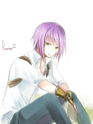 1boy blacksmith_(ragnarok_online) blue_pants book brown_gloves closed_mouth collared_shirt commentary_request feet_out_of_frame fingerless_gloves gloves green_eyes holding holding_book looking_at_viewer lowres male_focus pants purple_hair ragnarok_online shirt short_hair simple_background sitting smile solo wane_(ruki) white_background white_shirt