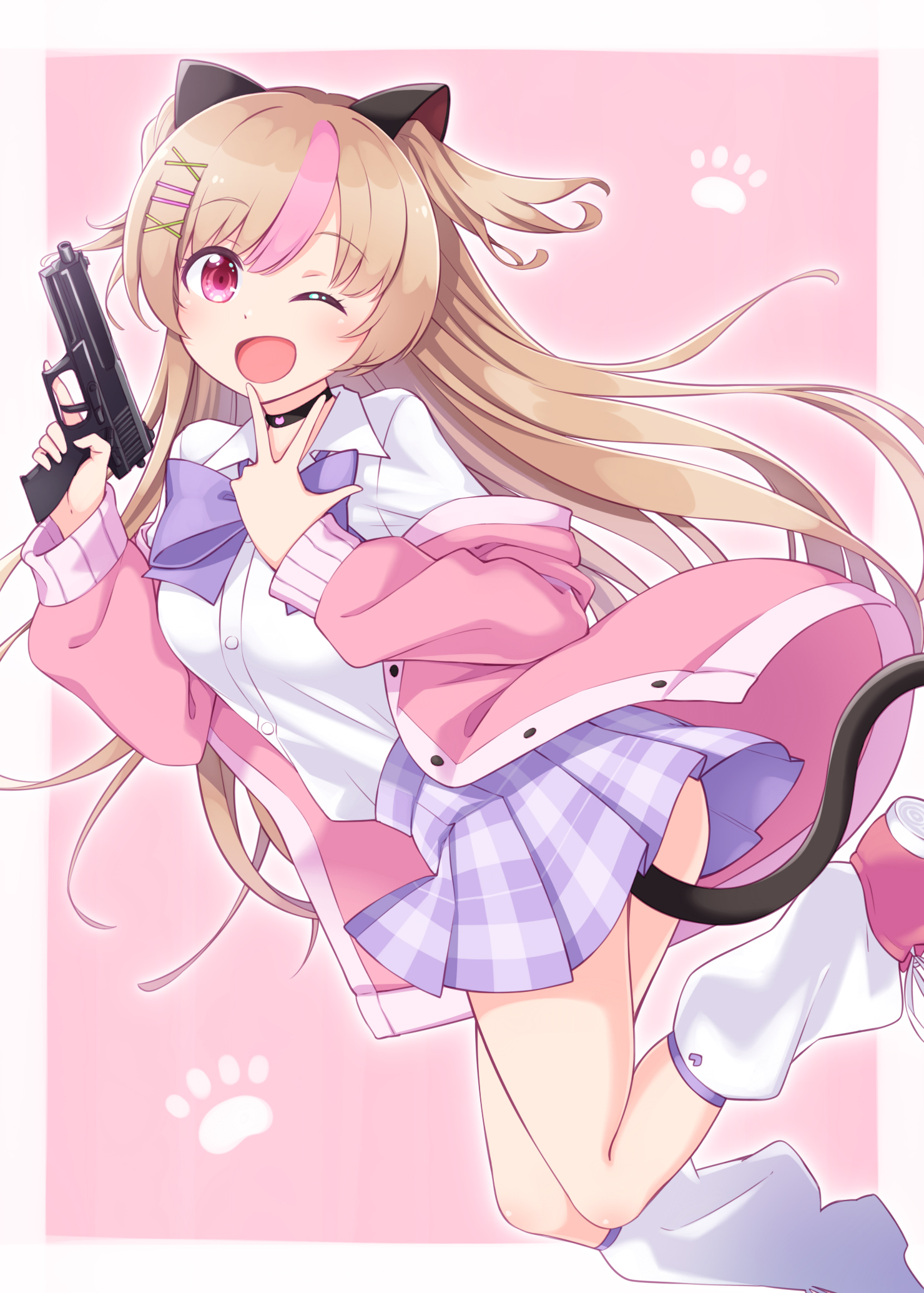 1girl ;d animal_ears black_choker blush bow breasts cat_ears cat_tail choker collared_shirt commentary_request dress_shirt fake_animal_ears female_focus girls'_frontline grey_background gun h&k_mark_23 hair_ornament hairclip handgun harada_(sansei_rain) heckler_&_koch highres holding holding_gun holding_weapon jacket kneehighs light_brown_hair long_hair long_sleeves looking_at_viewer loose_socks match_grade match_grade_firearm match_grade_pistol mk23_(girls'_frontline) multicolored_hair name_connection object_namesake off_shoulder offensive_handgun one_eye_closed open_clothes open_jacket open_mouth pink_background pink_hair pink_jacket plaid_clothes plaid_skirt pleated_skirt puffy_sleeves purple_bow purple_skirt red_eyes red_shoes shirt shoes skirt small_breasts smile socks solo streaked_hair tail two-tone_background two_side_up very_long_hair weapon white_shirt white_socks x_hair_ornament