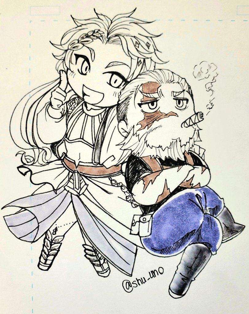 2boys ancient_greek_clothes apollo_(shuumatsu_no_valkyrie) beard belt belt_pouch black_shirt blue_pants boots chibi chibi_only cigar crossed_arms crossed_legs diamond_(shape) diamond_hair_ornament facial_hair facial_scar finger_to_cheek floral_print gem greco-roman_clothes greyscale hair_bun hand_up harness in_air laurel_crown laurel_wreath leonidas_(shuumatsu_no_valkyrie) light_blush long_hair looking_at_another male_focus midair monochrome multicolored_hair multiple_boys navel obi pants pouch revealing_clothes sandals sash scar scar_across_eye scar_on_arm scar_on_cheek scar_on_face scar_on_forehead scar_on_nose scars_all_over shirt short_hair shuumatsu_no_valkyrie smoking teeth toga too_many two-tone_hair very_long_hair yaoi