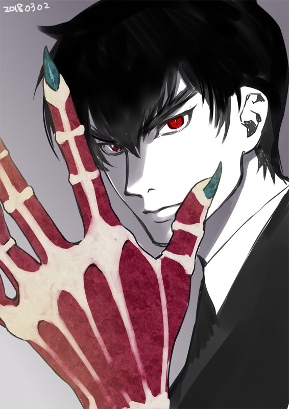 1boy black_hair claws dated fingernails grey_background jigoku_sensei_nube long_fingernails male_focus nueno_meisuke portrait red_eyes short_hair solo sumeragi_kohaku