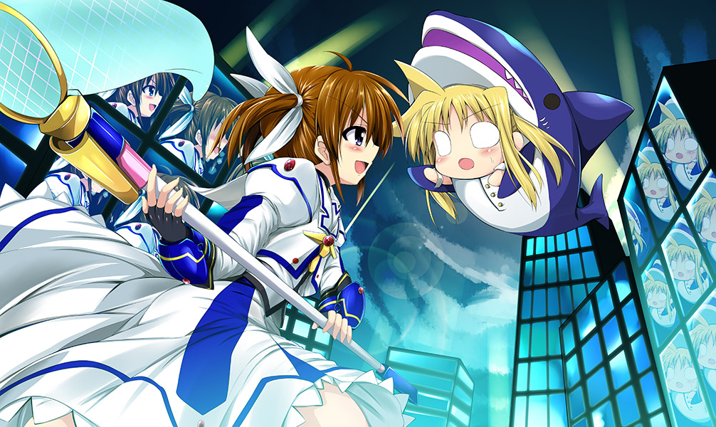 00s 2girls :o black_gloves blonde_hair blue_eyes blush brown_hair building butterfly_net chibi costume fate_testarossa fingerless_gloves gloves hair_ribbon hand_net lights long_hair long_sleeves lyrical_nanoha mahou_shoujo_lyrical_nanoha multiple_girls net night night_sky open_mouth puffy_long_sleeves puffy_sleeves ribbon sen_(astronomy) shark skirt sky skyscraper smile takamachi_nanoha takamachi_nanoha_(movie_1st_mode) twintails
