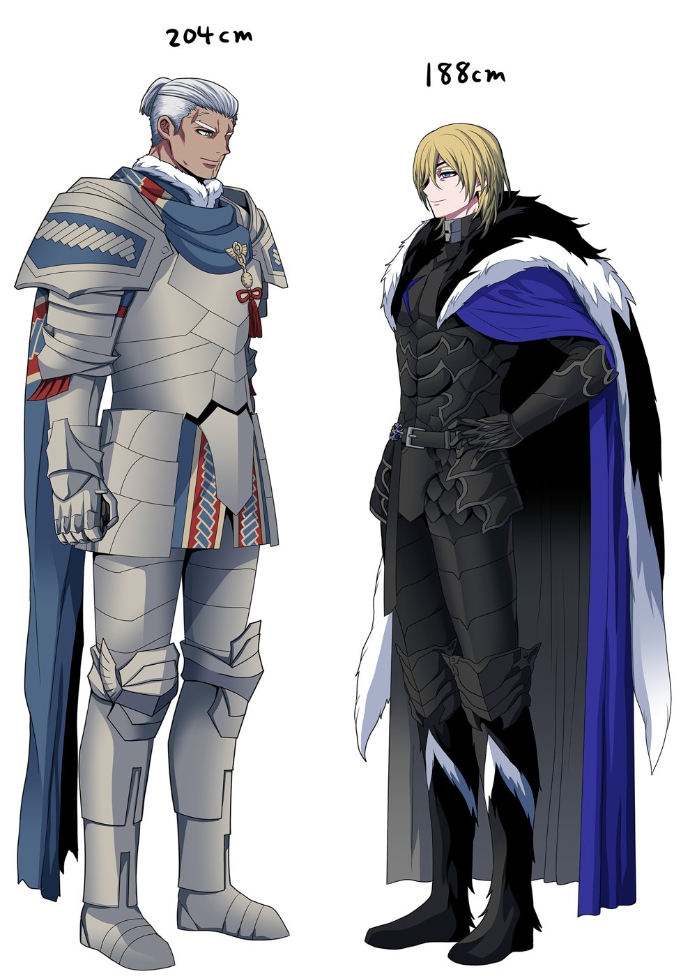 2boys armor belt belt_buckle black_armor black_fur blonde_hair blue_cape blue_eyes blue_scarf boots breastplate buckle cape closed_mouth commentary_request dark-skinned_male dark_skin dedue_molinaro dedue_molinaro_(timeskip) dimitri_alexandre_blaiddyd dimitri_alexandre_blaiddyd_(timeskip) eyepatch faulds fire_emblem fire_emblem:_three_houses full_body fur-trimmed_boots fur-trimmed_collar fur_trim gauntlets greaves green_eyes hand_on_own_hip highres male_focus megubiru multiple_boys nintendo parted_bangs pauldrons ponytail scarf short_ponytail shoulder_armor smile standing white_background white_fur white_hair