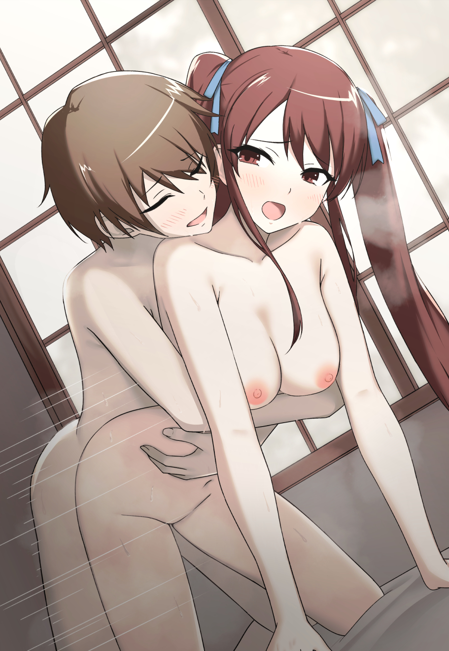 1boy 1girl akazawa_izumi all_fours another blue_ribbon breasts brown_eyes brown_hair collarbone commentary_request completely_nude doggystyle dutch_angle hair_ribbon hetero highres hug hug_from_behind long_hair medium_breasts munemori_(rknd2585) navel nipples nude open_mouth ribbon sakakibara_kouichi sex sex_from_behind short_hair sweat tokyo_inroaded:_closed_eden twintails variant_set