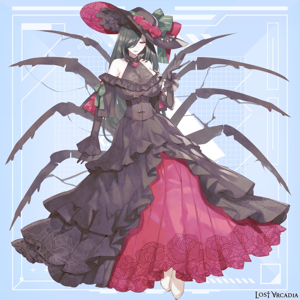 1girl arthropod_limbs bare_shoulders black_dress black_gloves black_hat blue_background boots bow breasts brooch cleavage clona closed_mouth copyright_name dress elbow_gloves flower frilled_hat frilled_sleeves frills full_body gloves gown green_bow green_hair green_ribbon hair_over_one_eye half-closed_eyes halter_dress halterneck hand_up hat hat_bow hat_flower invisible_chair jewelry lace lace-trimmed_dress lace_trim large_breasts layered_sleeves lipstick long_dress long_hair long_sleeves lost_arcadia makeup off-shoulder_dress off_shoulder picture_hat red_dress red_eyes red_flower red_rose ribbon rose see-through_cleavage see-through_clothes short_over_long_sleeves short_sleeves sitting sleeve_ribbon smile solo two-sided_fabric two-sided_headwear two-tone_dress very_long_hair white_boots