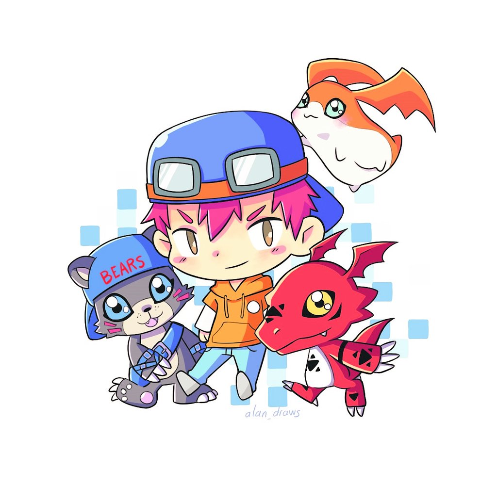 atsushi_(digimon_world_3) bearmon digimon digimon_world_3 goggles goggles_on_head guilmon hat looking_at_viewer patamon smile