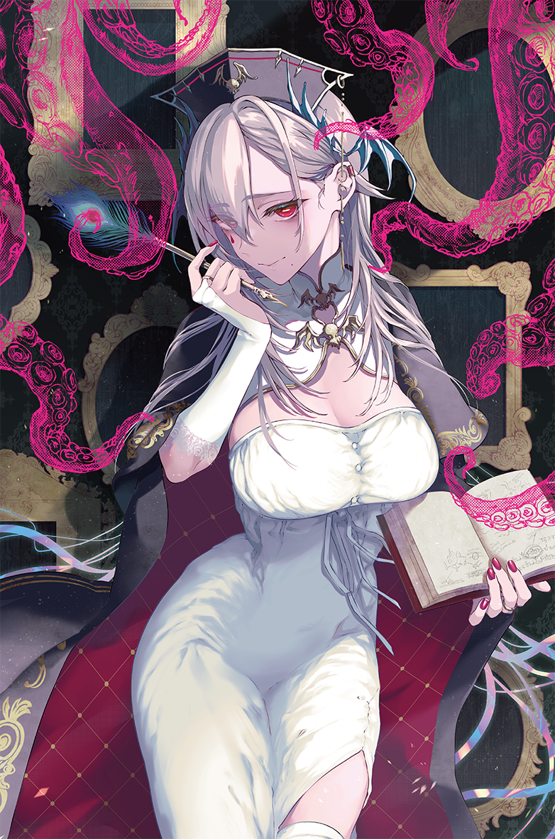 1girl black_cloak black_hat book breasts bridal_gauntlets bright_pupils cleavage cloak closed_mouth comiket_103 dress eyes_visible_through_hair hair_between_eyes hat head_wings holding holding_book holding_pen large_breasts mole mole_under_mouth open_book peacock_feathers pen pink_nails pochi_(pochi-goya) pochimaru_(vtuber) pochimaru_(vtuber)_(4th_costume) rectangular_pupils red_eyes solo tapestry teardrop_facial_mark tentacles virtual_youtuber white_bridal_gauntlets white_dress white_pupils wings