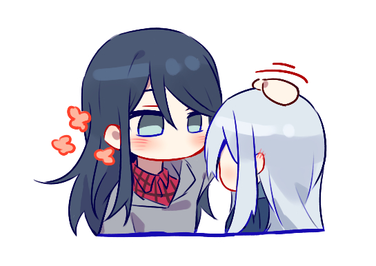 2girls black_hair blush chibi collared_shirt cropped_torso ear_blush facing_away flower grey_eyes hand_on_another&#039;s_head headpat height_difference hoshino_ichika_(project_sekai) light_blush long_hair motion_lines multiple_girls no_mouth no_nose orange_flower plaid_clothes plaid_shirt profile project_sekai red_shirt shirt silver_hair simple_background swept_bangs tsurime white_background ximuye yoisaki_kanade