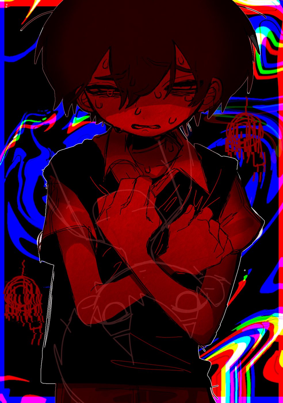1boy clenched_teeth collared_shirt highres kobanzame_omo looking_at_viewer omori parted_lips red_theme shirt short_hair short_sleeves shorts solo sunny_(omori) sweat sweater_vest teeth