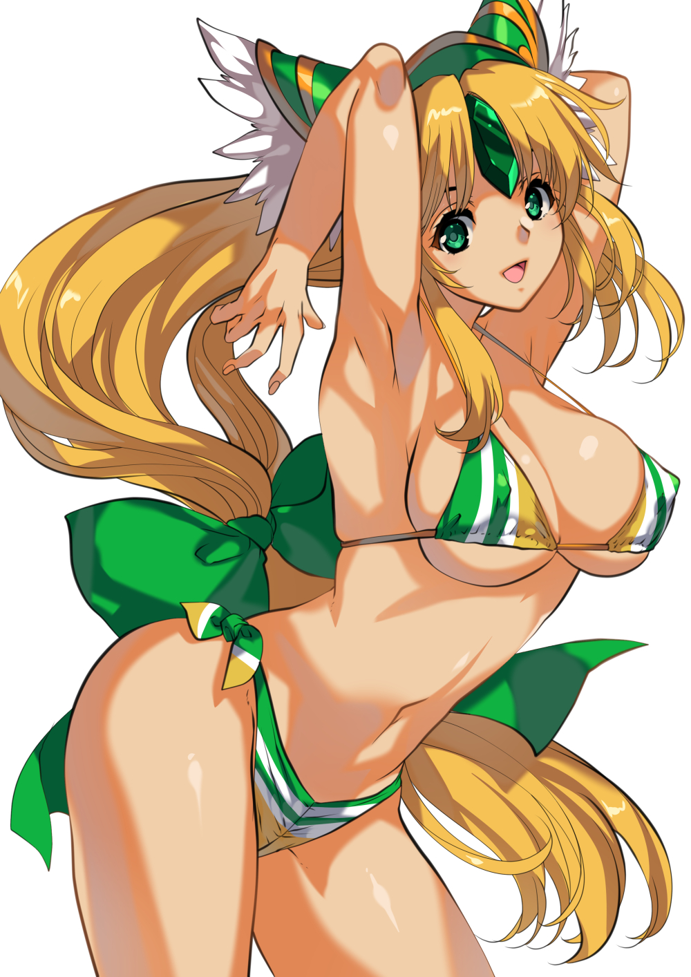 1girl :d armpits arms_up bikini blonde_hair bow breasts cleavage forehead_jewel gem green_bow green_eyes green_gemstone green_hat hair_bow hat highres large_bow large_breasts leaning_forward long_hair looking_at_viewer low-tied_long_hair multicolored_bikini navel open_mouth riesz seiken_densetsu seiken_densetsu_3 simple_background skindentation smile solo stomach strap_gap striped_bikini striped_clothes swimsuit tamiya_akito thighs very_long_hair white_background